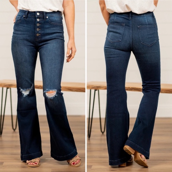 KanCan High Rise Button Fly Flare Petite Jeans Dark Women’s Multi Sizes - Picture 6 of 7